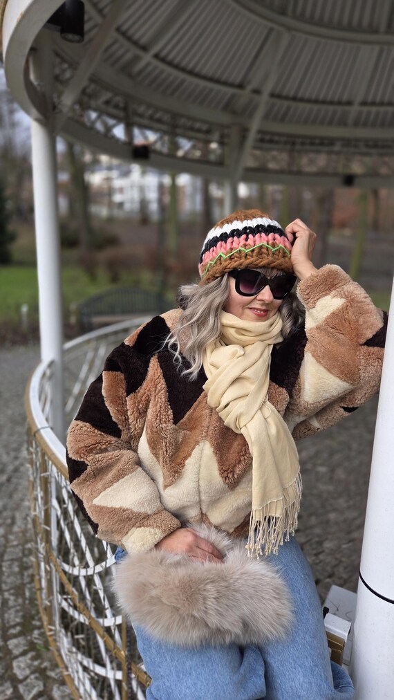 Vintage Shearling Jacket Lamb Patchwork Batwing O… - image 11