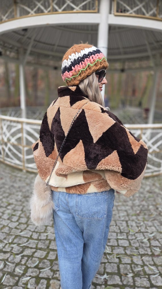 Vintage Shearling Jacket Lamb Patchwork Batwing O… - image 15