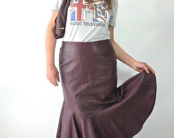 Leather Skirt Real Leather Burgundy Mermaid Fit Flare High Waist Ruffle Hem Midi Vintage Lined Statement Skirt Boho Elegant 90s Size M L