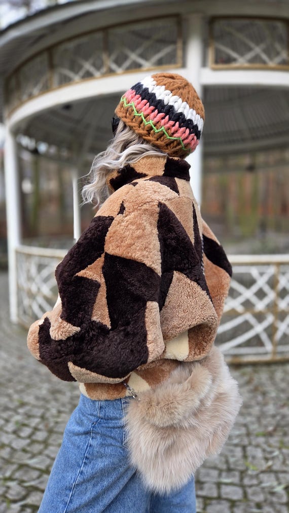 Vintage Shearling Jacket Lamb Patchwork Batwing O… - image 14