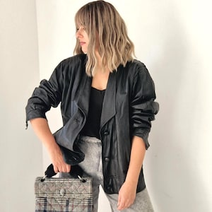 Veste en cuir véritable oversize noire M L véritable veste en cuir vintage des années 80 et 90 pour elle, veste bomber souple à grandes épaules Y2K