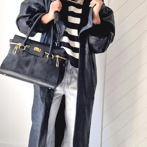 S 36 M 38 L 40 Magnifique manteau en cuir véritable vintage années 80 90 en cuir véritable noir pour Elle bomber souple Grandes épaules, Fourrure de lapin