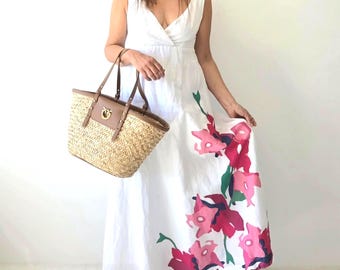 White Ramie Maxi Dress Empire Waist Floral Dress Sleeveless Summer Dress Cottagecore Garden Party Dress Boho Elegant Size M 38 Medium