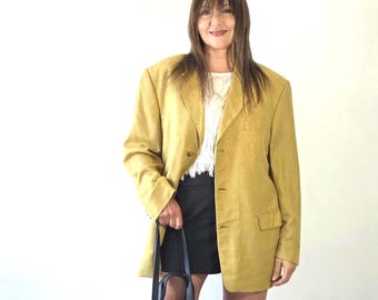 Vintage Wool and Silk Blazer Golden Olive Chartreuse Unisex Oversized Minimalist Quiet Luxury Old Money Jacket S M Fully Lined smart casual