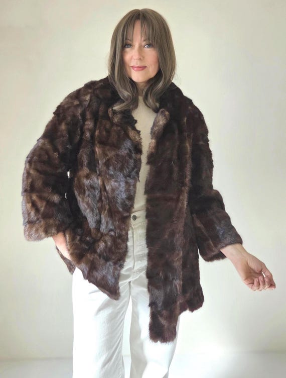 Real mink fur coat Vintage fur jacket Dark brown glossy soft horizontal panels Old Money Quiet Luxury Size M L