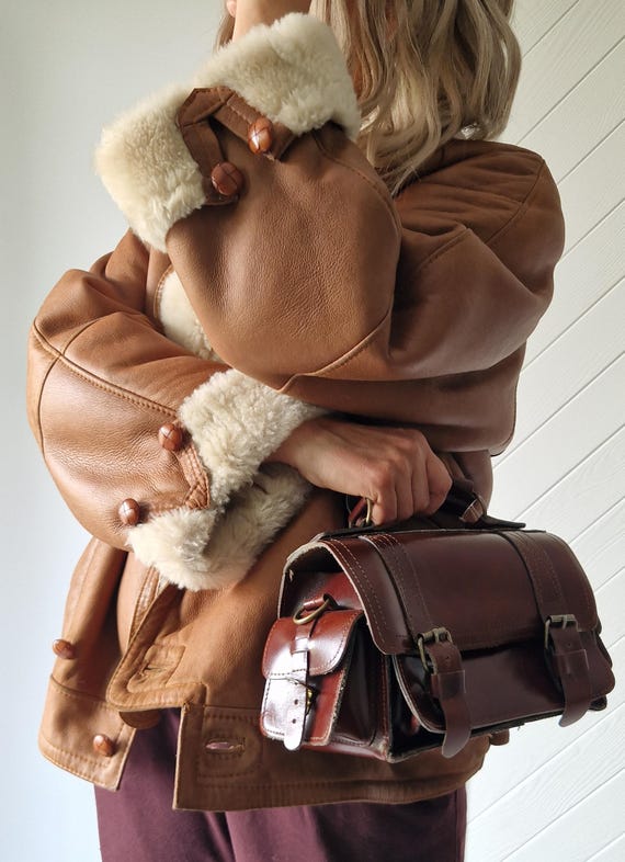 Vintage Shearling Coat Real Sheepskin Lamb Fur Wool Jacket Unisex M/L Camel Aviator Pilot
