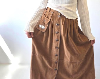 Vintage Dirndl Skirt Brown Suede Look Alpine Bavarian Midi Skirt Button Front Full Length Pleated Cottagecore Folk Sheep Embroidery M L