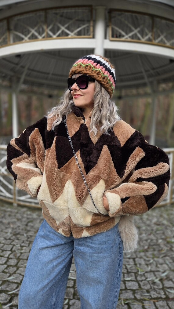 Vintage Shearling Jacket Lamb Patchwork Batwing O… - image 12