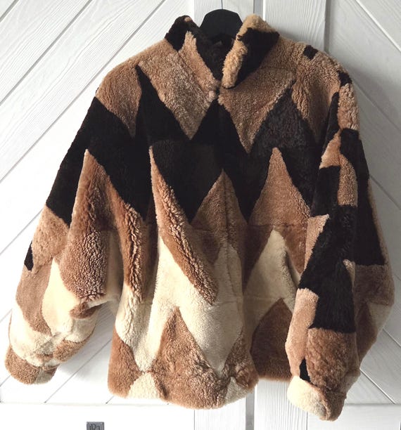 Vintage Shearling Jacket Lamb Patchwork Batwing O… - image 8