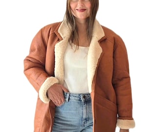 Vintage Shearling Coat Real Sheepskin Brown Leather Jacket Unisex Size M L Beige Wool Bomber Rancher