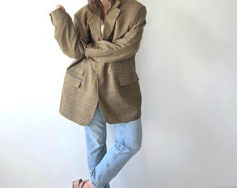 Wool Blazer Men Check Wool Jacket Brown Blue Wool Tweed Blazer Oversized Unisex Boxy Wool Jacket Size XLarge XL XXL Fully Lined