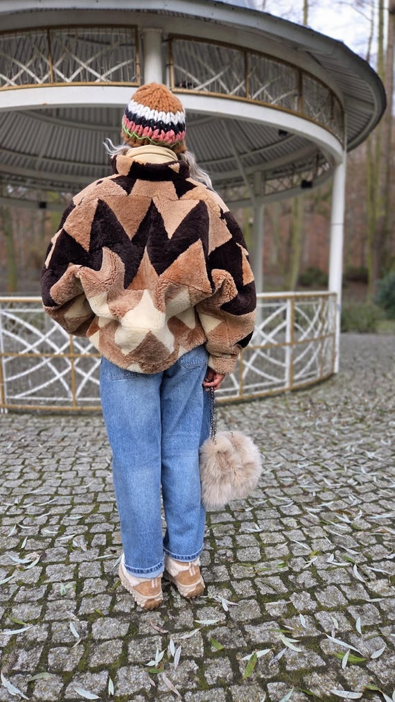 Vintage Shearling Jacket Lamb Patchwork Batwing O… - image 2
