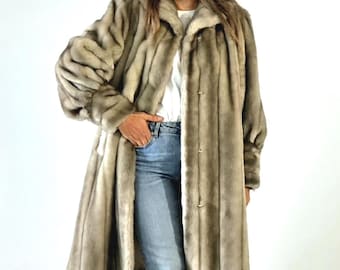Vintage Tissavel France Faux Fur Coat Taupe Gray Beige Mink Look Longline Jacket Mob Wife Glam Statement Coat L XL Oversized Soft Warm