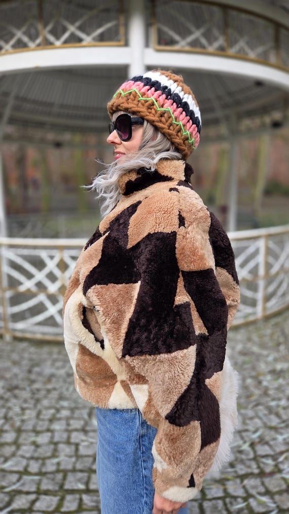 Vintage Shearling Jacket Lamb Patchwork Batwing O… - image 3