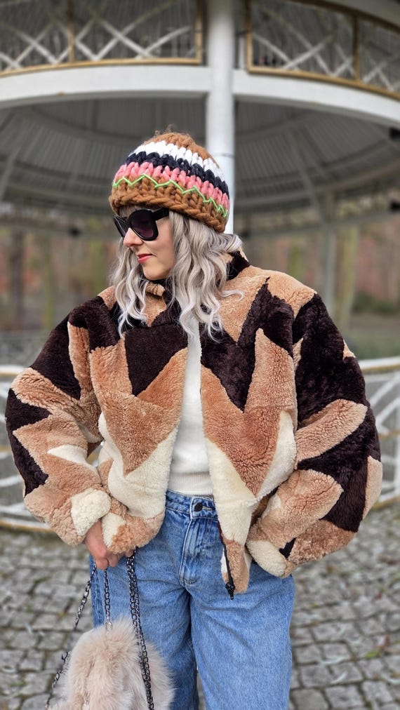 Vintage Shearling Jacket Lamb Patchwork Batwing O… - image 16