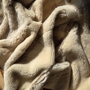 A beige shearling coat with a brown leather trim. The coat has a soft, fluffy interior and a textured exterior. The image shows the coat draped, with details of the stitching and the leather patch.