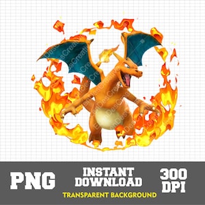 May include: A digital illustration of a red and orange Pokemon character with blue wings surrounded by flames. The character is standing on its hind legs with its mouth open and its eyes closed. The background is a transparent white.