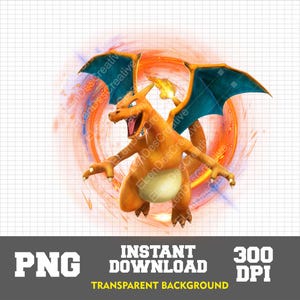 May include: A digital illustration of a fiery orange and blue Pokemon character with a red tongue and a blue tail. The character is surrounded by a swirling orange and blue background.