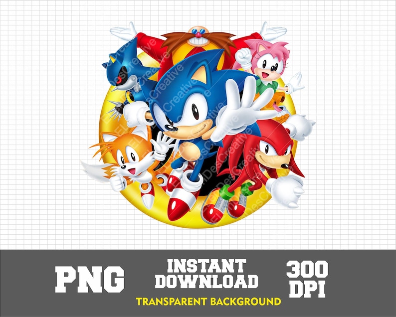 May include: A colorful illustration of Sonic the Hedgehog and his friends. The characters are arranged in a circle on a yellow background. Sonic is blue with red shoes and white gloves. Tails is orange with two tails. Knuckles is red with white gloves. Amy Rose is pink with a pink dress and pigtails.  The characters are all smiling and looking at the viewer.