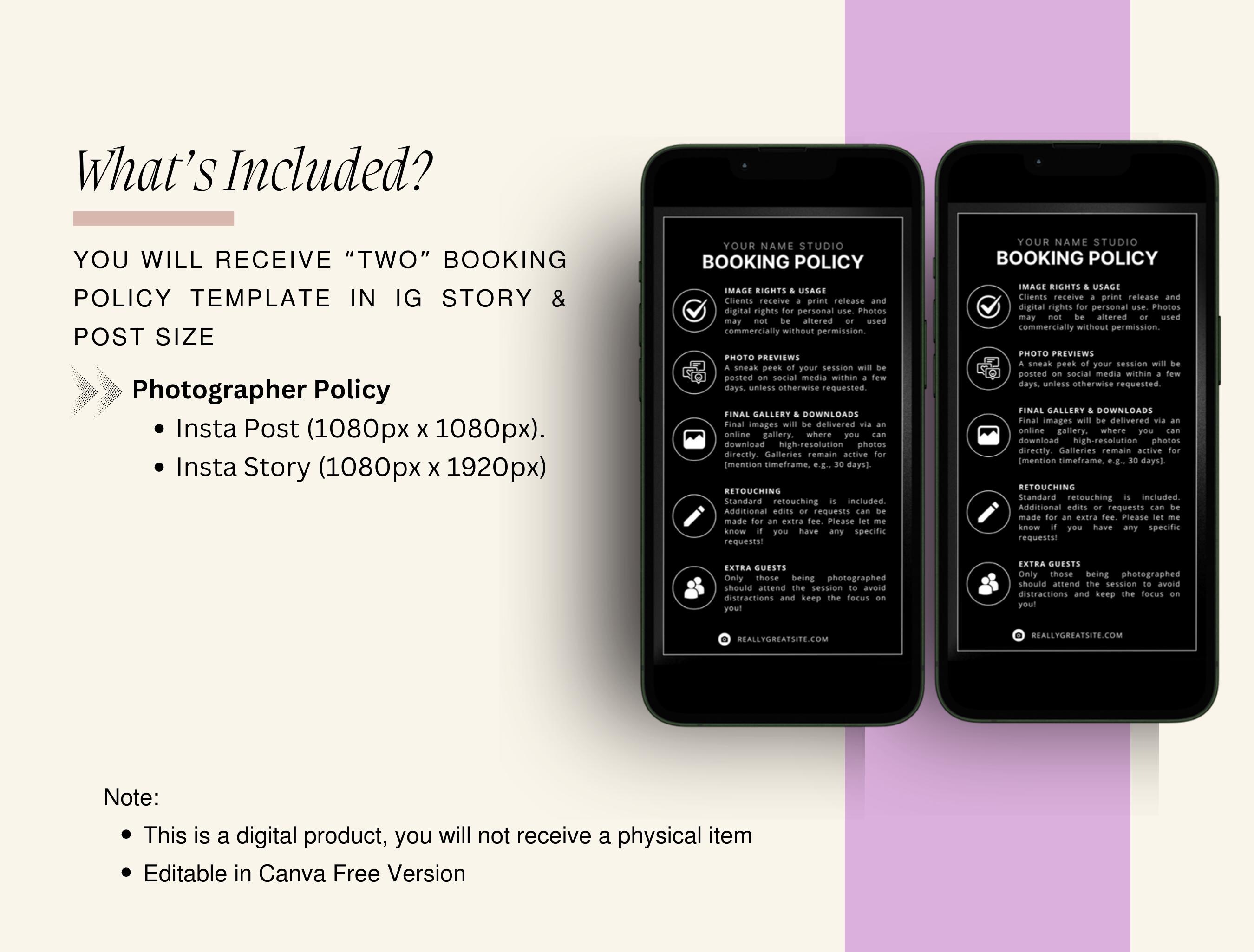Photographer Booking Policy Template Canva IG Story & Post Small ...