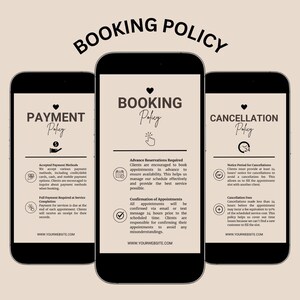 May include: Three smartphone screens displaying business policy information. The screens show "Payment Policy", "Booking Policy", and "Cancellation Policy" with related icons and text. The background is a neutral beige color.