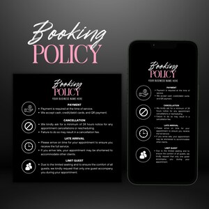 以下が含まれることがあります： 黒と白のグラフィックにピンクのテキストで「Booking Policy」と表示され、ビジネスの予約ポリシーが概説されています。ポリシーには、支払い、キャンセル、遅刻、ゲスト制限に関する情報が含まれています。