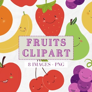 Coleção de clipart de frutas adoráveis - download digital PNG sorrindo linda banana, morango, uvas, laranja, limão, cereja, pêra, desenho de maçã