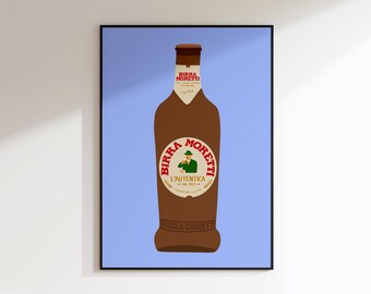 May include: A brown glass bottle of Birra Moretti beer with a red and white label featuring a man in a green suit holding a glass of beer. The label also says "L'AUTENTICA -  SIN 1859 - PREMIUM LAGER".