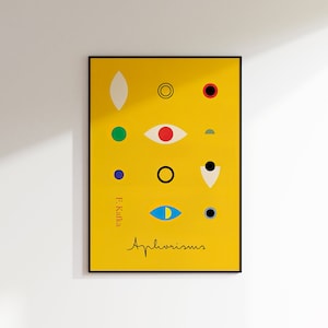 May include: A yellow poster with a black frame featuring a collection of abstract shapes and a blue eye. The text "Aphorisms" and "F. Kafka" are written on the poster.