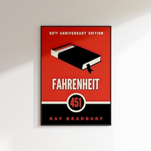 Könnte beinhalten: Ein roter und schwarzer Buchumschlag mit dem Titel "Fahrenheit 451" und dem Autor "Ray Bradbury". Der Umschlag zeigt ein schwarzes Buch mit einer Streichholzschachtel darauf. Der Buchumschlag ist mit "60th Anniversary Edition" beschriftet.
