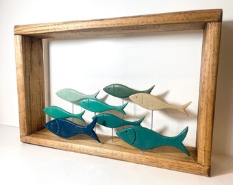 Handmade 3d fish shoal 36x24 boxed framed resin art coastal gift fishing sea driftwood distressed unique design