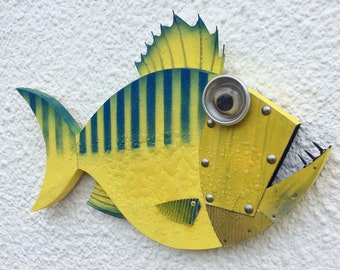 handmade fish sculpture bass lure fishing decor gift angling funky tropical quirky recycled wood metal coastal art sea ocean beach