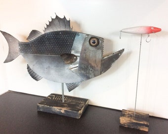 handmade seabass fish sculpture bass lure fishing decor gift angling steampunk industrial recycled wood metal coastal art sea ocean beach