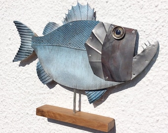handmade fish sculpture bass lure fishing decor gift angling steampunk industrial recycled wood metal coastal art sea ocean beach