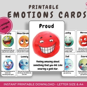 Emotieskaarten voor kinderen, tieners en jonge volwassenen - geïnspireerd op aquarelemoji. Digitale download zelfbewustzijn, emotionele intelligentie.