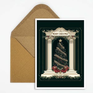 Nostalgische Merry Christmas Karte mit antiker Säulenstruktur und Weihnachtsbaum, Vintage Weihnachtsgrußkarte als Geschenk oder Dekoration