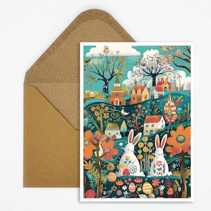 Cartolina di Pasqua, cartolina di Buona Pasqua, illustrazione del coniglietto di Pasqua, cartolina di Pasqua colorata, stampa di biglietti, cartolina stampata, cartolina regalo di Pasqua