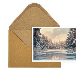 Kerstkaart met illustratie van een besneeuwd winterlandschap, ideaal als cadeau of als decoratie