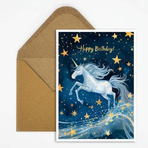Happy Birthday Karte Einhorn, Geburtstagskarte Mädchen, Sternenhimmel, Magie, Zauber, Geburtstag für Mädchen, Jungen, Geschenk Karte