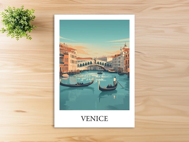 May include: A colorful illustration of a gondola on a canal in Venice, Italy. The Rialto Bridge is in the background. The text "VENICE" is printed below the image.