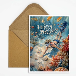 Carte anniversaire plongée, carte joyeux anniversaire plongée, carte sous-marine pour anniversaire, carte postale plongeur comme cadeau pour elle et pour lui