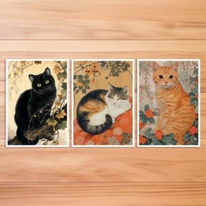 Katze Postkarte, Europäisch Kurzhaar Katze, Katzen Karte, Geburtstagskarte, Kunstpostkarte, Katze Hokusai Stil, Postkarten Set 2
