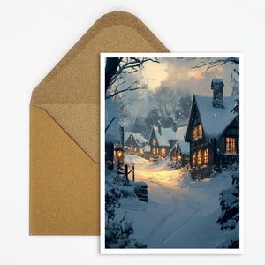 Nostalgische Weihnachtspostkarte mit verschneiter Dorf Malerei, Vintage Weihnachtskarte für festliche Weihnachtsgrüße, ideal zum Verschenken