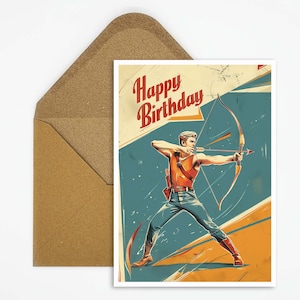 Carte d'anniversaire de tir à l'arc, carte de joyeux anniversaire de tir à l'arc, carte postale avec motif d'archer en cadeau