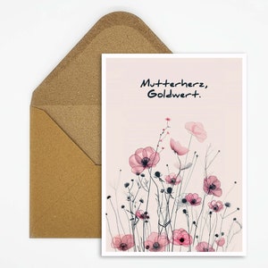 Carte avec inscription Mother's Heart Worth Gold pour maman, illustration de dessin de fleurs, carte postale pour la fête des mères, carte d'anniversaire, carte de félicitations