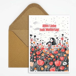 Biglietto per la festa della mamma con scritta "Buona festa della mamma", illustrazione di mamma e figlia, cartolina per la festa della mamma, da regalare, fatta a mano