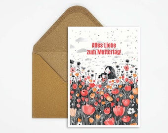 Mother's Day card with saying, Happy Mother's Day, mother daughter illustration, postcard for Mother's Day, to give as a gift, handmade