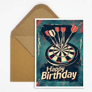 Geburtstagskarte Dart, Happy Birthday Karte Dart, Dartsport Karte für Geburtstag, Postkarte mit Motiv Dartscheibe als Geschenk