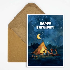 Biglietto di auguri di buon compleanno, biglietto di auguri di compleanno per bambini in campeggio, compleanno per bambini, regalo, illustrazione, compleanno di ragazzi e ragazze