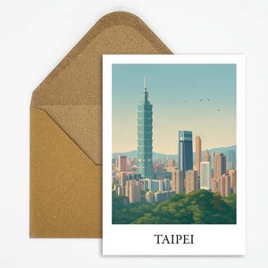 Carte postale de voyage de Taipei Taiwan avec illustration Taipei 101, carte élégante pour les amateurs de voyages et les fans d'Asie comme souvenir ou cadeau